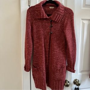 Royal Robbins, cranberry mohair blend 3/4 length, cardigan, toggle jacket SM